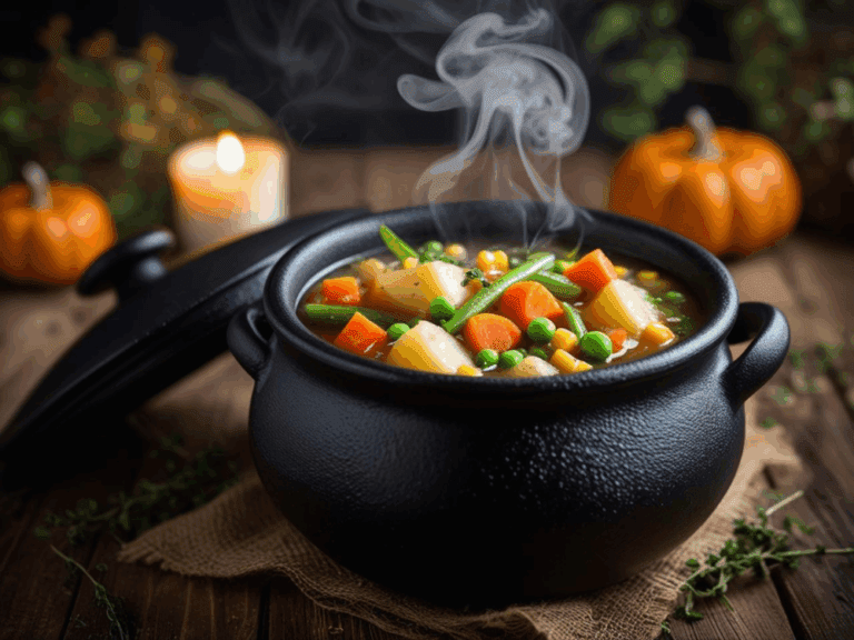 Black cauldron filled with hearty veggie soup with lid nearby, pumpkins and candle in background.
