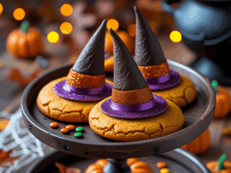 Three pumpkin cookies topped with tall, textured chocolate witch hats decorated with glittery orange and purple bands, displayed on a rustic cake stand.