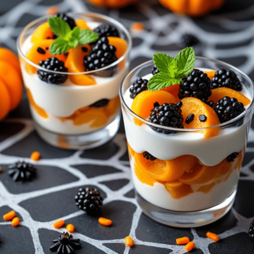 Two parfait glasses layered with yogurt, orange segments, and blackberries, garnished with mint leaves and Halloween-themed decorations.