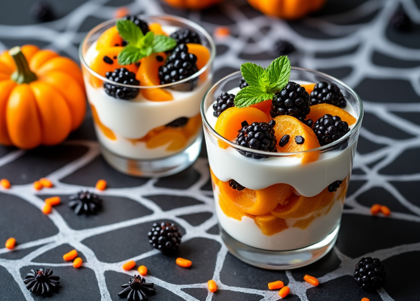 Two parfait glasses layered with yogurt, orange segments, and blackberries, garnished with mint leaves and Halloween-themed decorations.