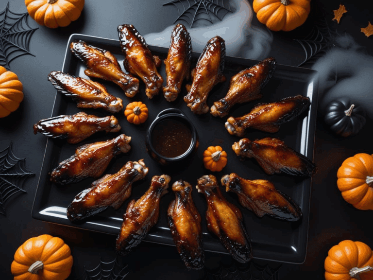 Circular display of balsamic glazed wings on a square tray with dipping sauce in the center, pumpkins, spiderwebs, and fog.