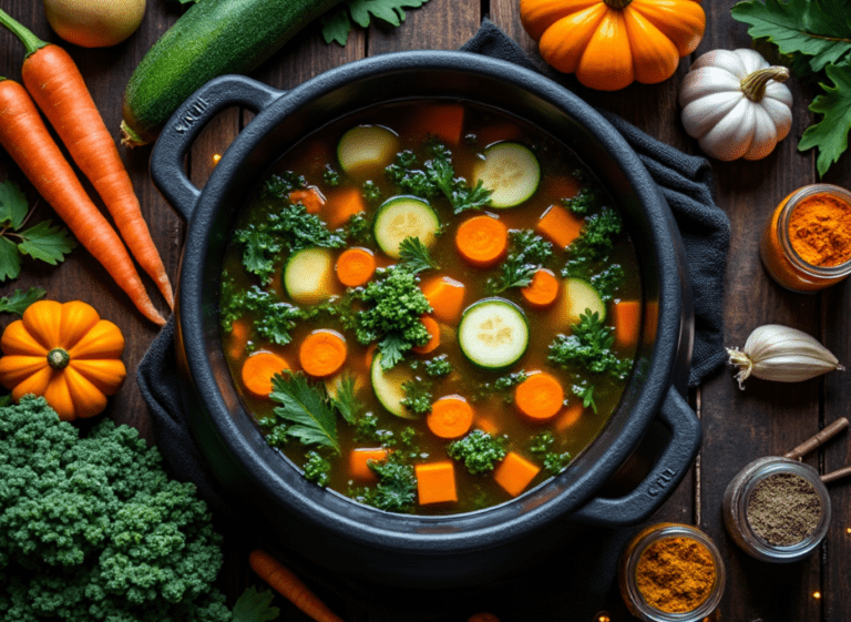 Overhead view of a black pot filled with vegetable soup, surrounded by fresh vegetables and spices.