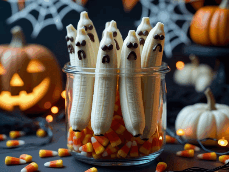 Fresh bananas decorated as ghost faces in a glass jar filled with candy corn, with Halloween lights and pumpkins in the background.