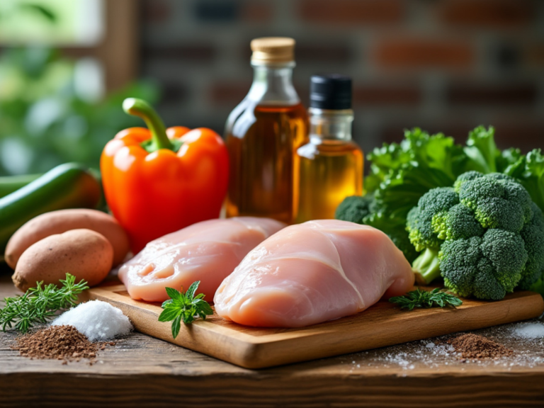 Raw ingredients for baked maple Dijon chicken, including chicken breasts, olive oil, red bell pepper, broccoli, and spices.