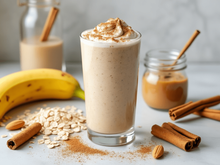 Healthy Cinnamon Roll Smoothie with cinnamon sticks, oats, and almond butter