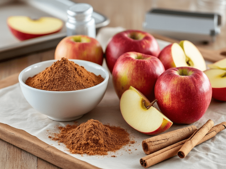 Fresh apples, ground cinnamon, and cinnamon sticks on a wooden cutting board.