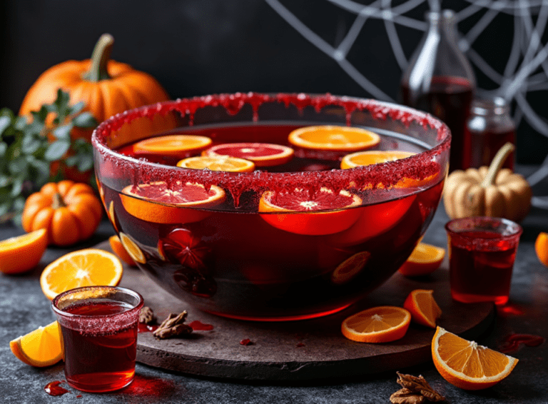 Vampire Punch with orange slices and a dripping blood rim in a Halloween setting.