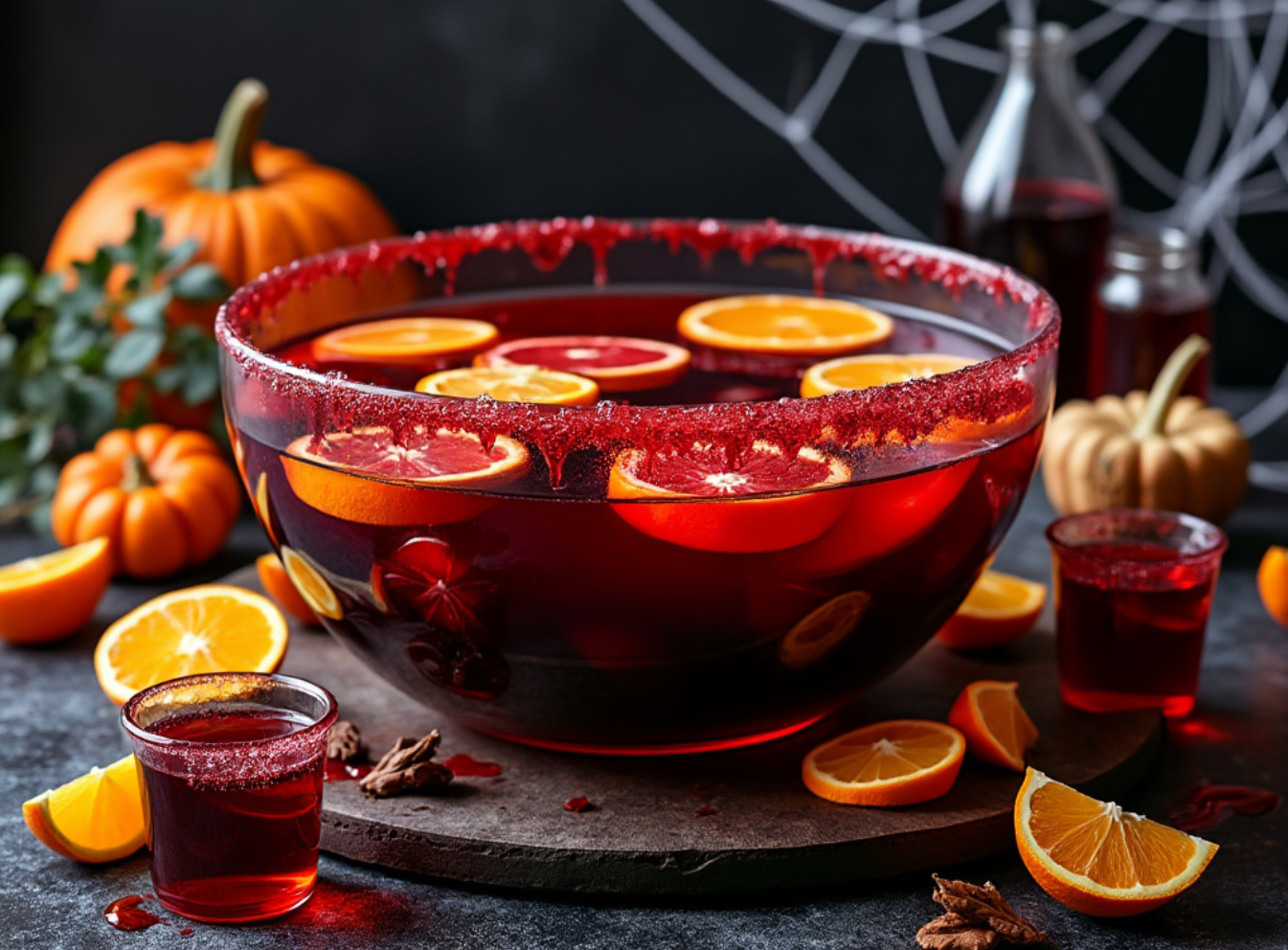 Vampire Punch with orange slices and a dripping blood rim in a Halloween setting.