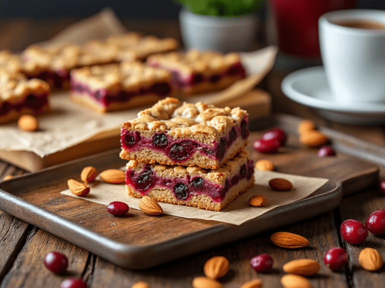 A stack of two Cranberry Almond Breakfast Bars placed on a wooden board with scattered almonds and cranberries.