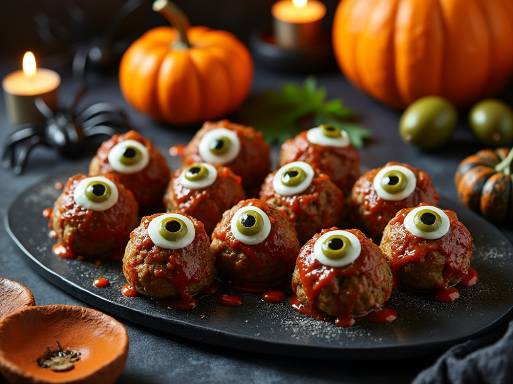 Turkey meatballs with green olive eyeballs on a black platter with Halloween pumpkins and spiders.