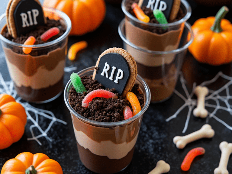 Layered Halloween pudding cups with cookie dirt and gummy worms