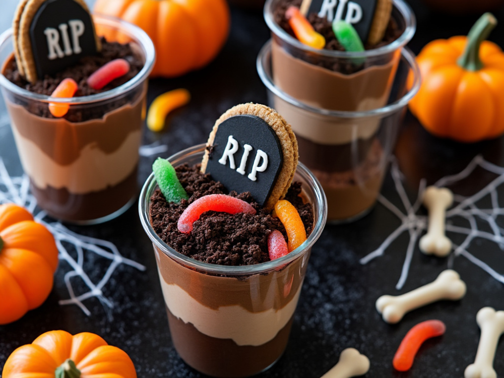 Layered Halloween pudding cups with cookie dirt and gummy worms