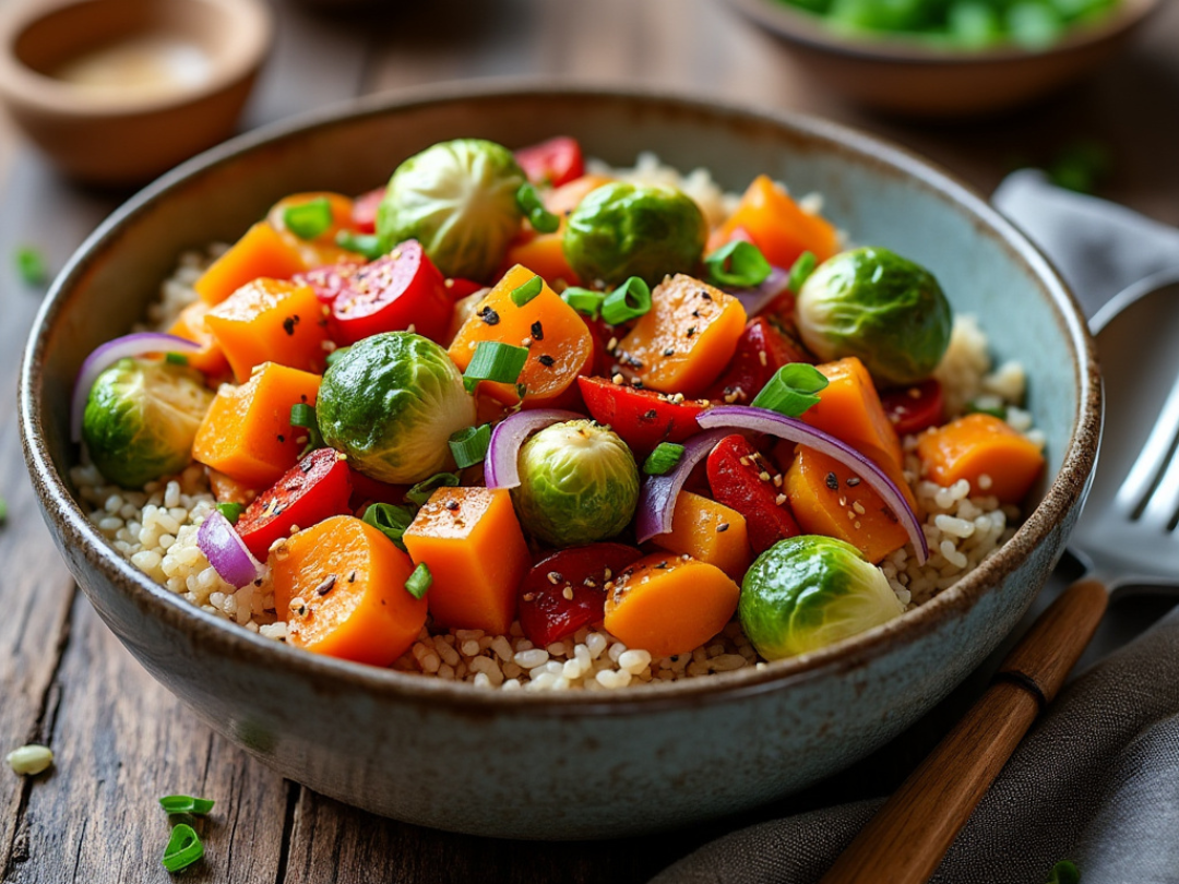 A close-up of a bowl filled with autumn vegetable stir fry, showcasing vibrant Brussels sprouts, carrots, and red onions.