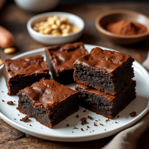 Fudgy sweet potato brownies stacked on a white plate, served with a bowl of walnuts and a rustic background.