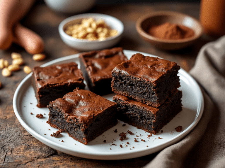 Fudgy sweet potato brownies stacked on a white plate, served with a bowl of walnuts and a rustic background.