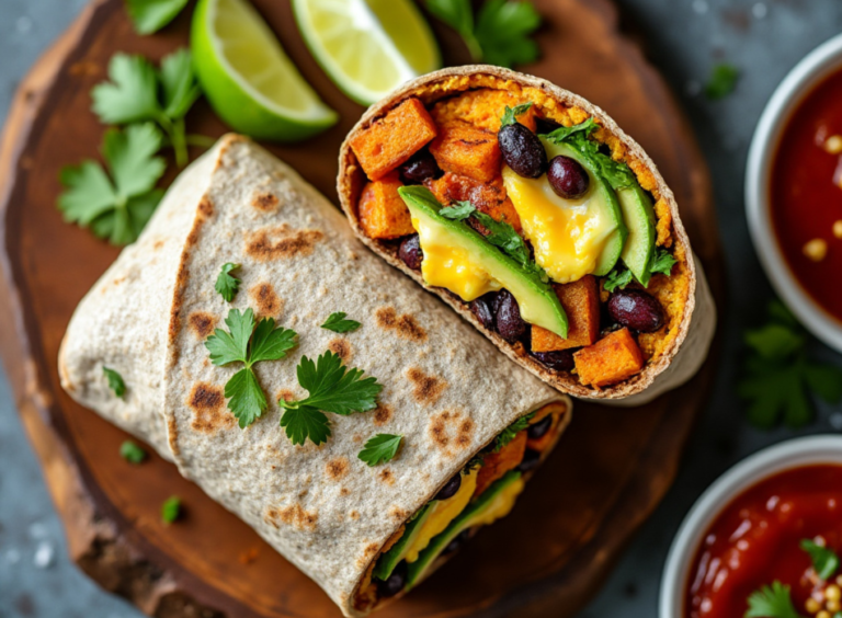 Breakfast burrito filled with sweet potatoes, black beans, and avocado on a rustic board