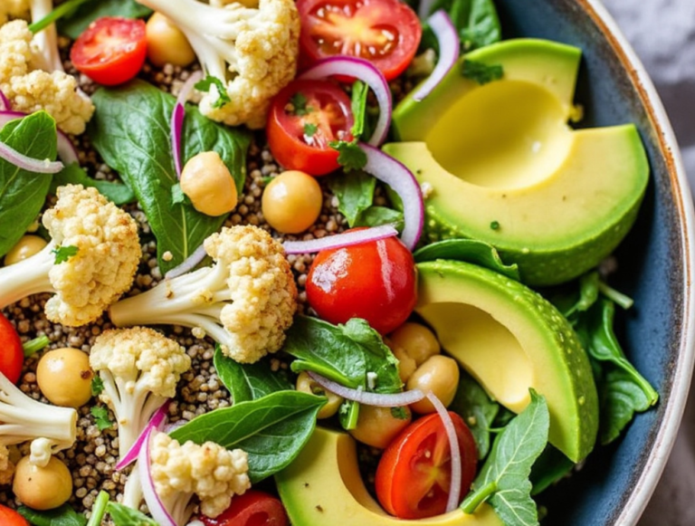 A plant-based bowl with roasted cauliflower, chickpeas, avocado, cherry tomatoes, and spinach.