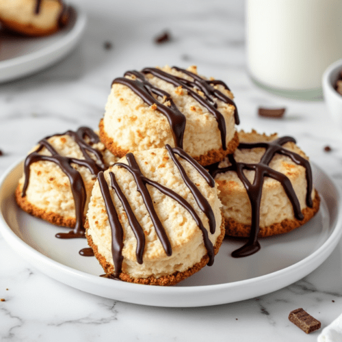 Side view of coconut macaroons drizzled with chocolate on a white plate.