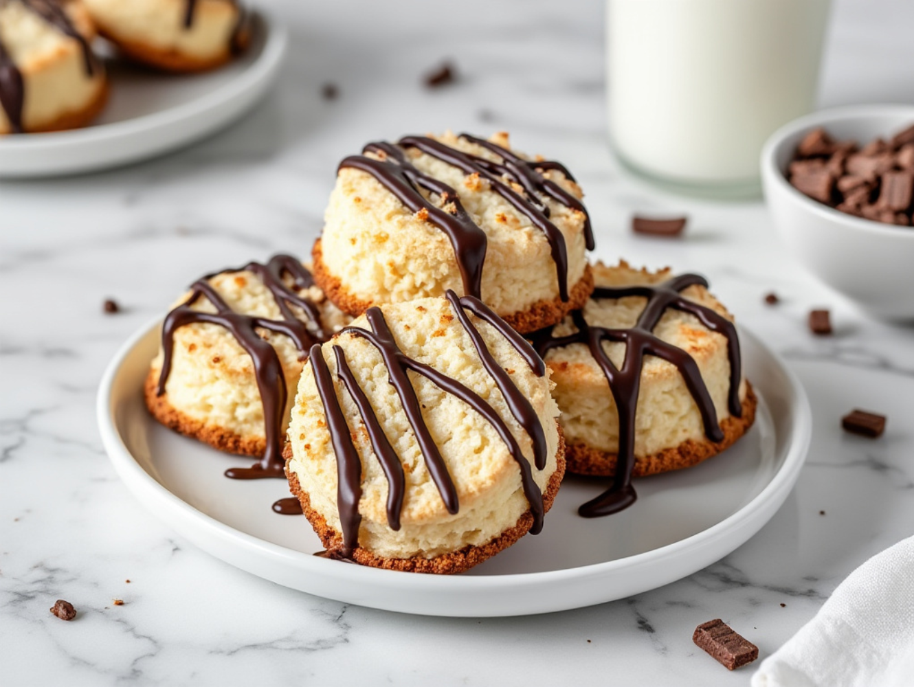 Side view of coconut macaroons drizzled with chocolate on a white plate.