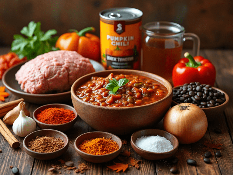 Ingredients for turkey pumpkin chili including ground turkey, pumpkin puree, beans, and spices.