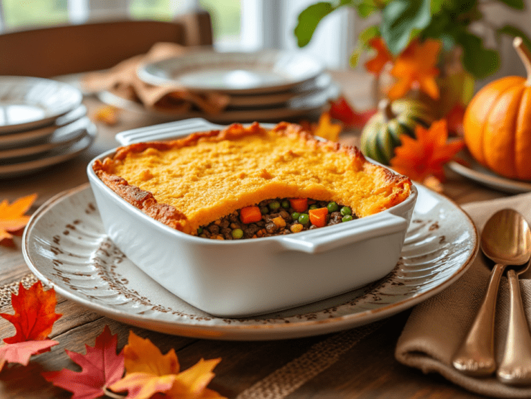 A square white dish of Vegetable Shepherd’s Pie with creamy sweet potato topping, served on a fall-themed table setting.