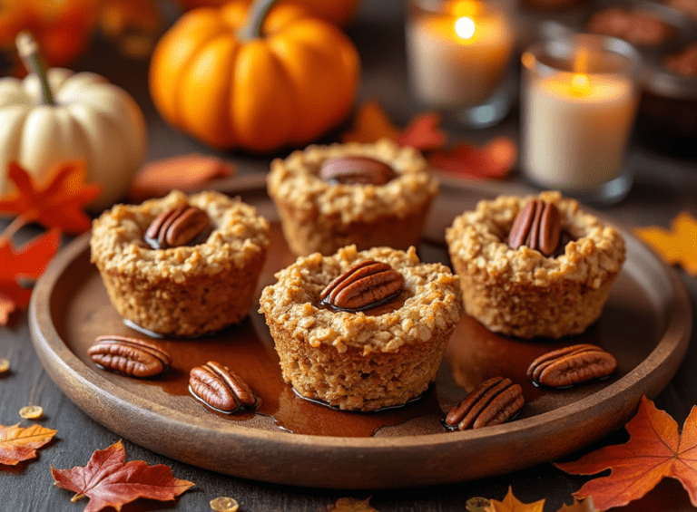 Maple Pecan Baked Oatmeal Cups with a bite taken out of one, set on a wooden board with autumn decorations.