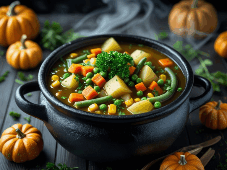Cauldron of colorful vegetable soup garnished with parsley, surrounded by pumpkins.