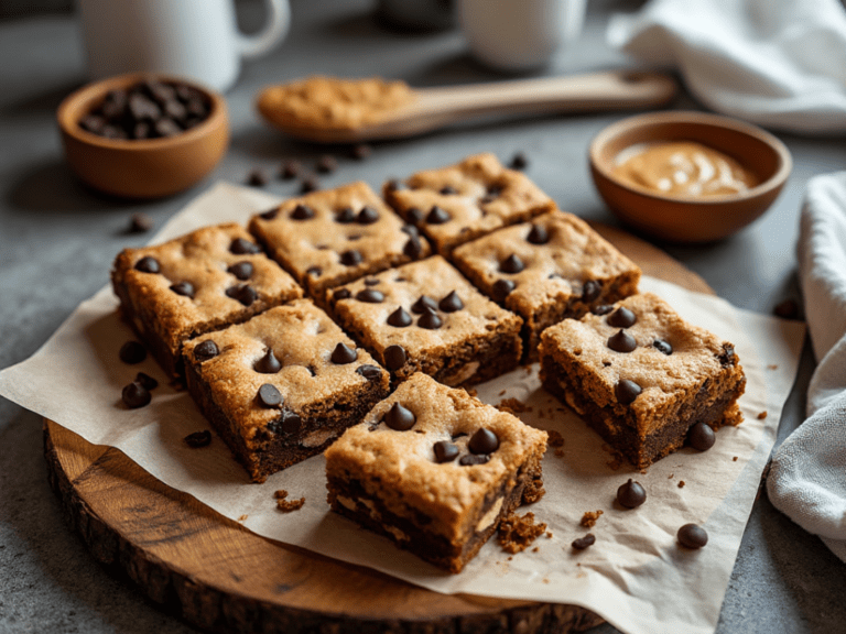 Squares of almond butter and chocolate chip blondies on parchment paper, ready to serve.