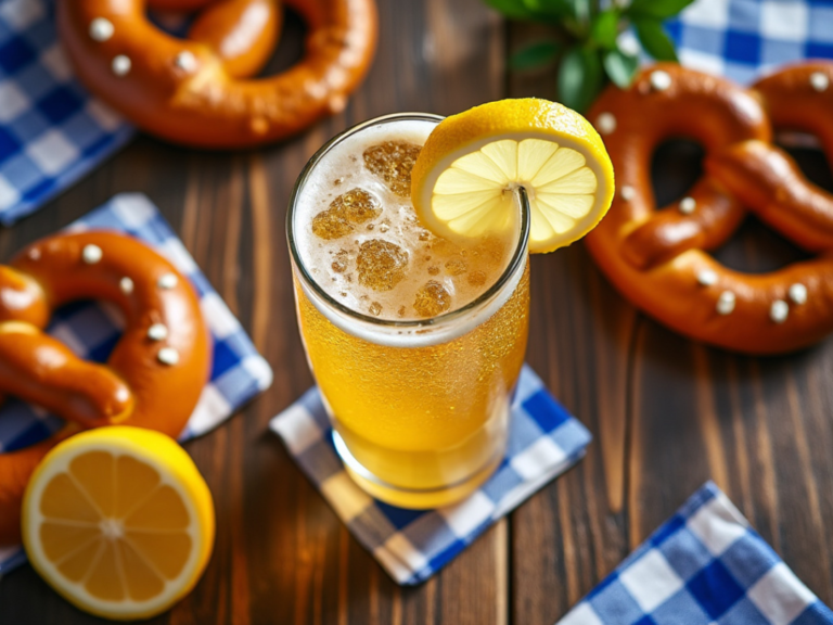 Radler served with lemon slice and pretzels, a classic German drink.