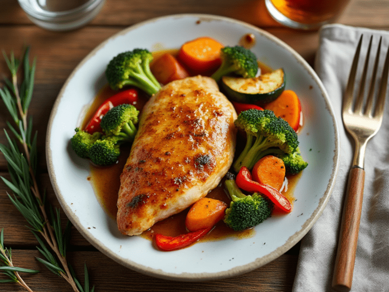 Maple Dijon chicken with roasted broccoli, sweet potatoes, and red bell peppers, garnished with rosemary.