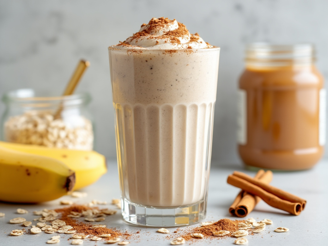 Cinnamon Roll Smoothie with whipped cream and a sprinkle of cinnamon