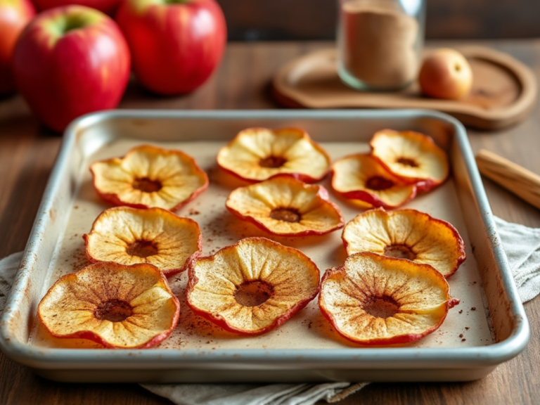 Golden baked apple chips on a tray with fresh apples in the background.