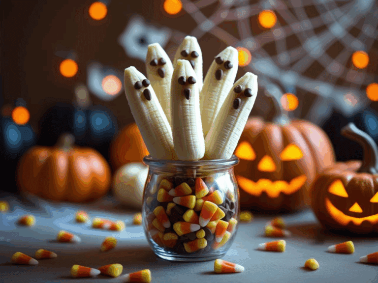 Banana ghosts in a glass jar with candy corn, surrounded by jack-o’-lanterns and Halloween decorations.