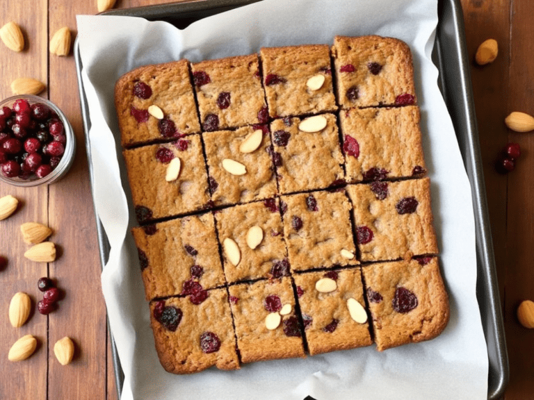 A baking tray of freshly baked Cranberry Almond Breakfast Bars cut into squares with almonds and cranberries sprinkled on top.