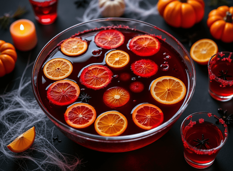 Halloween Vampire Punch in a glass bowl with orange slices floating.