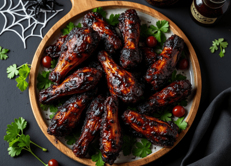 Dark balsamic glazed chicken wings served with parsley on a wooden platter, ready for Halloween festivities.