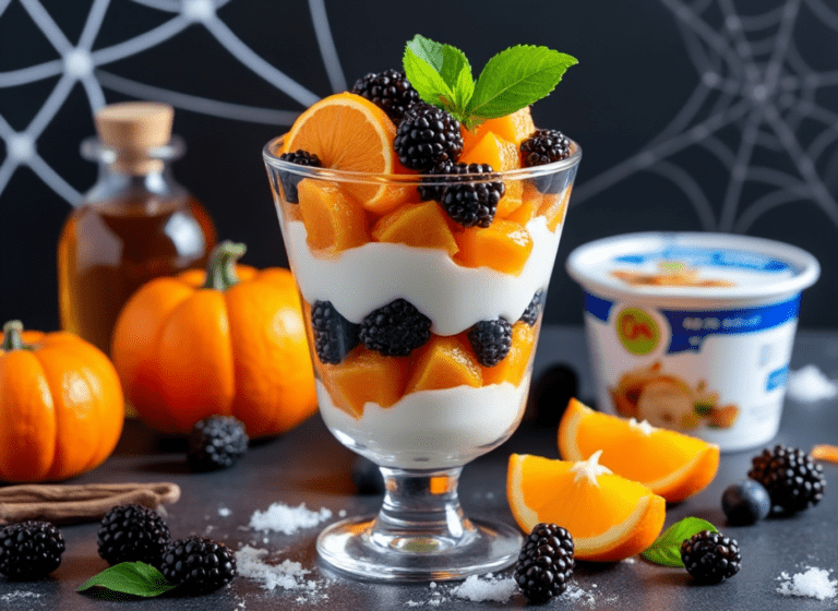 Layered parfait of yogurt, orange slices, and blackberries in a clear glass, surrounded by ingredients such as orange slices, blackberries, and a jar of honey.