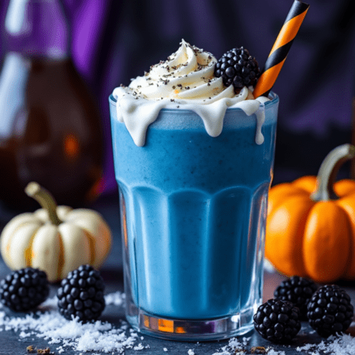 A blue spirulina smoothie garnished with blackberries and a striped straw, with pumpkins and Halloween decor in the background.