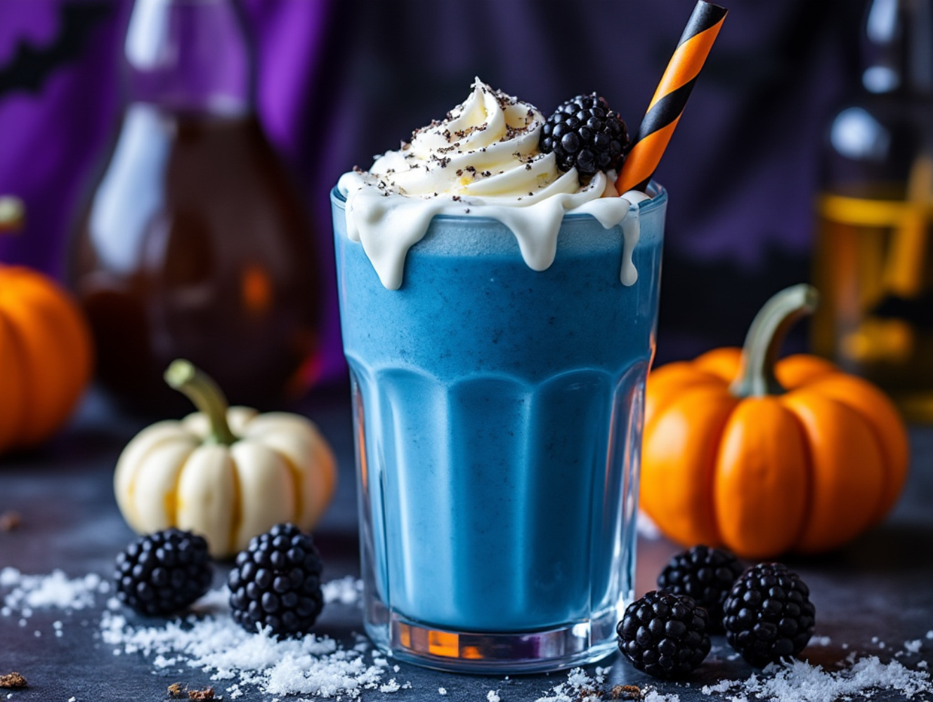 A blue spirulina smoothie garnished with blackberries and a striped straw, with pumpkins and Halloween decor in the background.