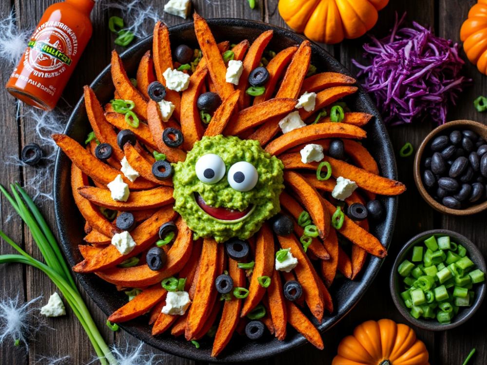 Halloween Sweet Potato Fries Decorated with Guacamole, Olives, and Feta Cheese