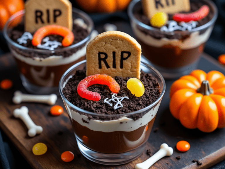 Halloween pudding cups decorated with tombstone cookies and colorful candy