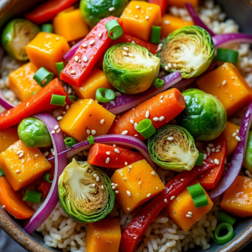 A bowl of Autumn Vegetable Stir Fry served with brown rice, featuring roasted butternut squash, Brussels sprouts, and red onions.