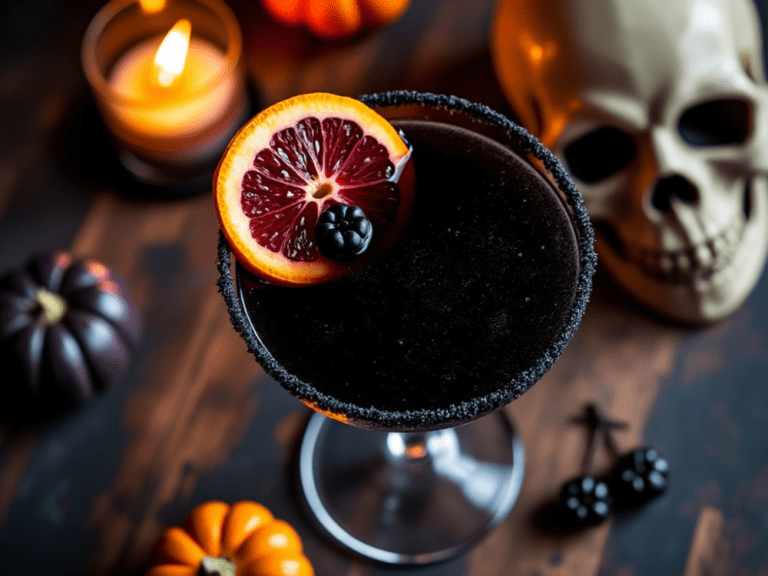 Halloween Black Magic Martini with blood orange and blackberry garnish