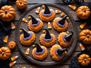 Decorative plate with orange and purple iced cookies shaped like witch hats, surrounded by mini pumpkins, candy corn, and orange sprinkles.