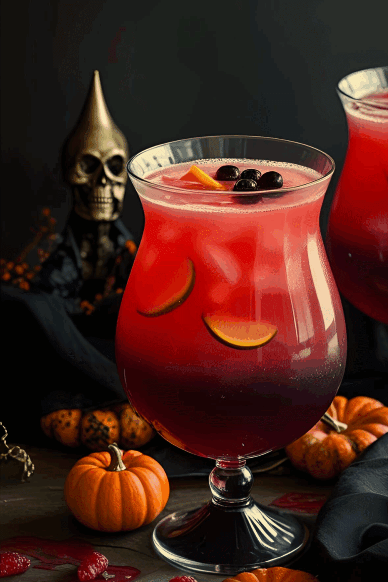 Dark-styled punch glass with layered red-to-purple drink, cranberries, and citrus floating on top, with a skull in the background