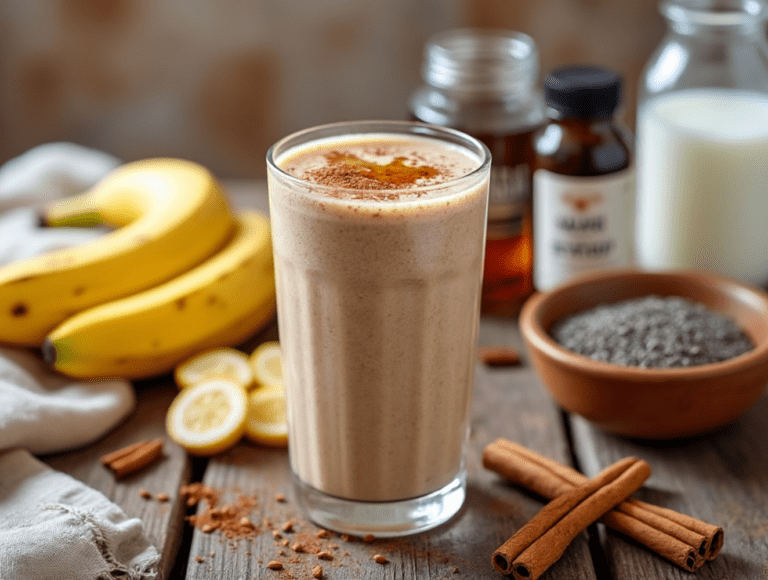 Cinnamon Maple Smoothie in a glass with bananas, almond milk, chia seeds, and cinnamon sticks on a rustic table.