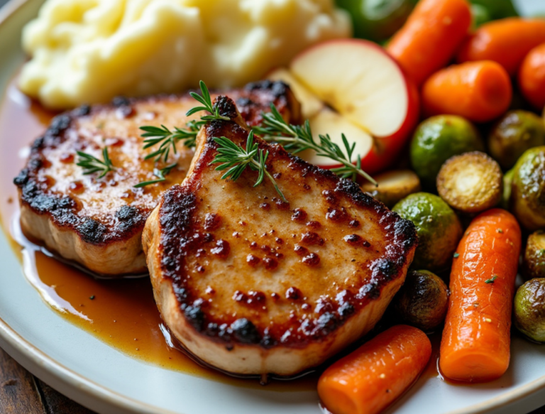 Two Apple Cider Glazed Pork Chops on a white plate with carrots and Brussels sprouts.