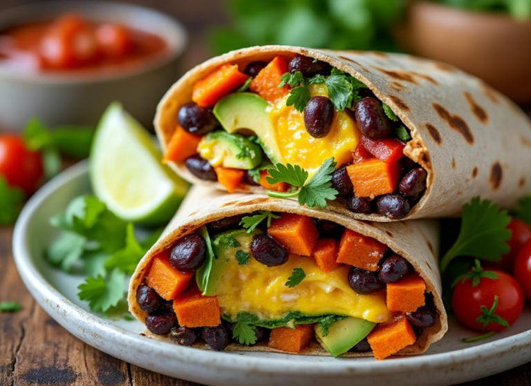 Sweet Potato and Black Bean Breakfast Burrito with melted cheese and avocado