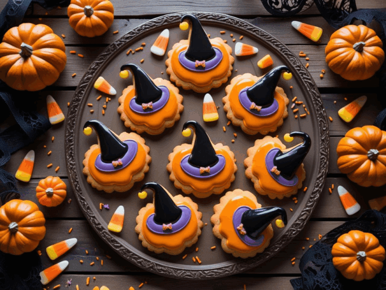 Decorative plate with orange and purple iced cookies shaped like witch hats, surrounded by mini pumpkins, candy corn, and orange sprinkles.