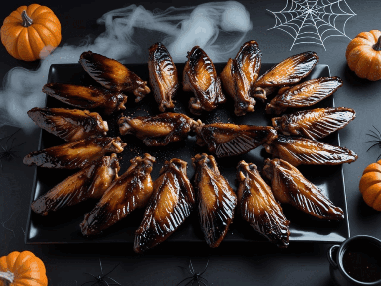 Bat wing-style glazed chicken wings arranged on a black square platter with pumpkins, fog, and spiderweb Halloween decorations.